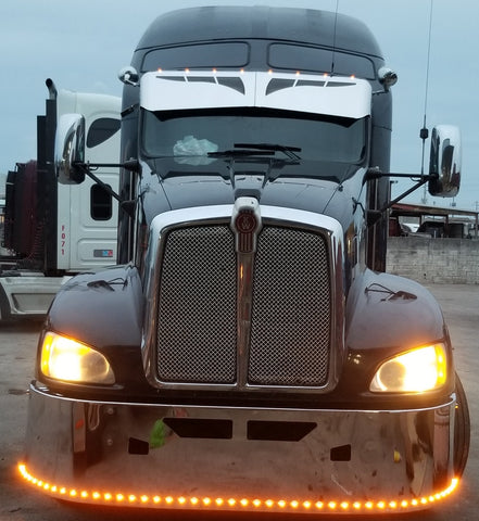 STAINLESS STEEL 14G VISOR BOWTIE WITH BROWS AND 8 LEDS ON BRIM 3/4" - KENWORTH