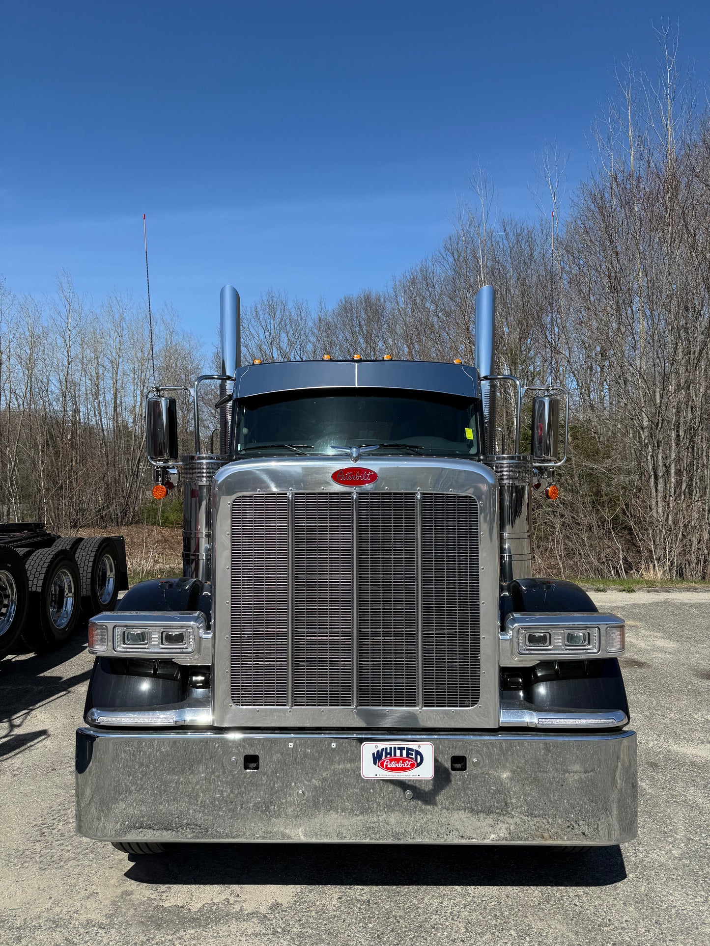 Visera curva de acero inoxidable Peterbilt 589 (se adapta a portavehículos)