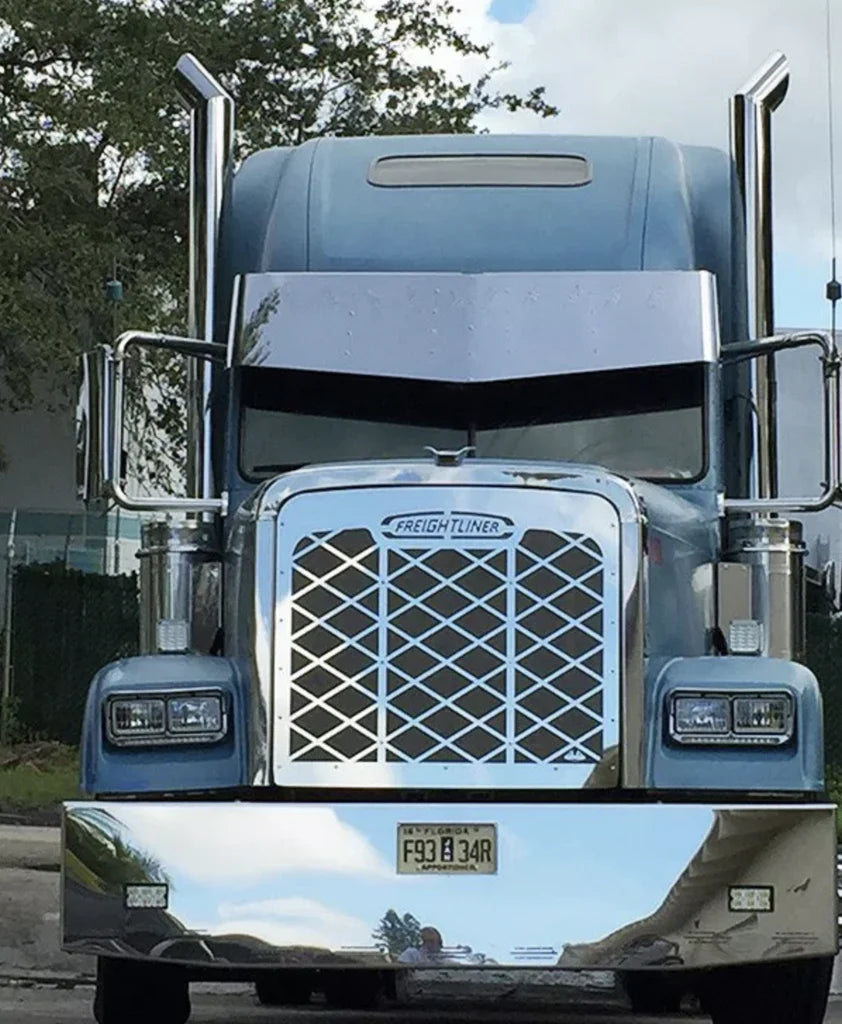 Parrilla de acero inoxidable Freightliner FLD 120 Big Diamond con logotipo y malla