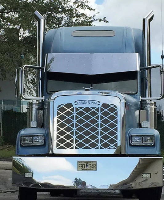 Parrilla de acero inoxidable Freightliner FLD 120 Big Diamond con logotipo y malla