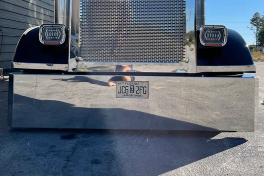 Defensa lisa universal Peterbilt 379 con protector de llanta y caja de etiquetas