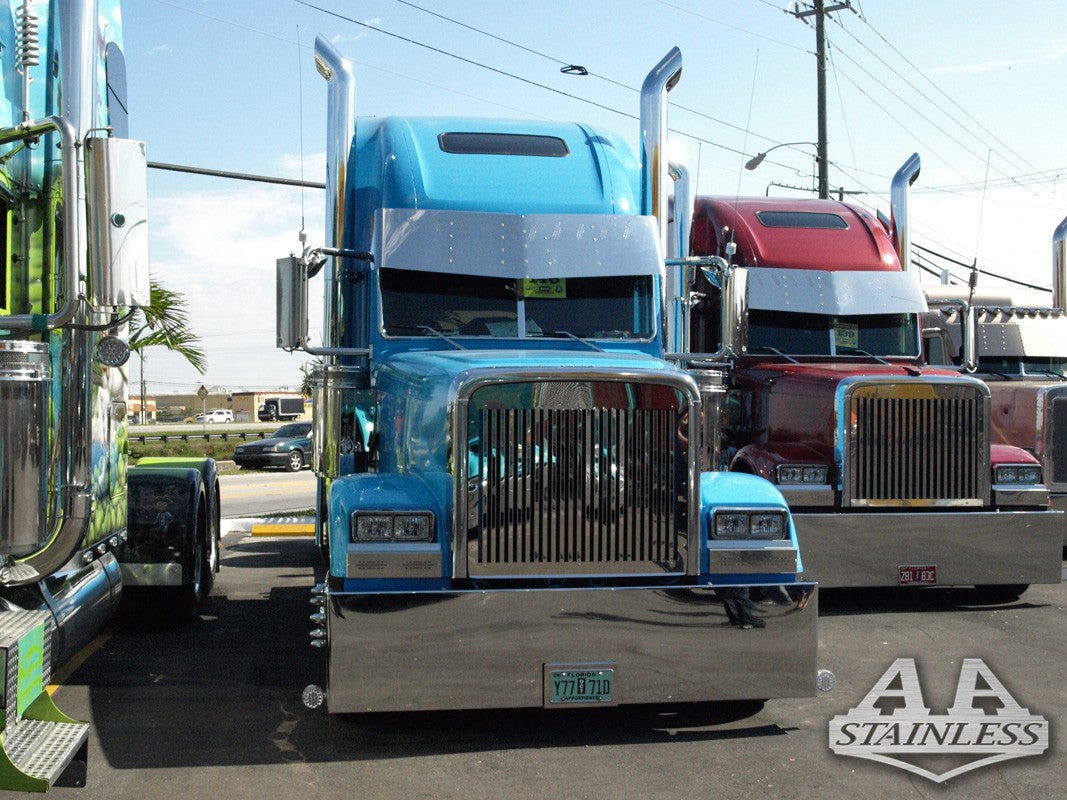 Parachoques Freightliner Classic de 22" liso American Eagle con protector de neumáticos y caja de matrícula